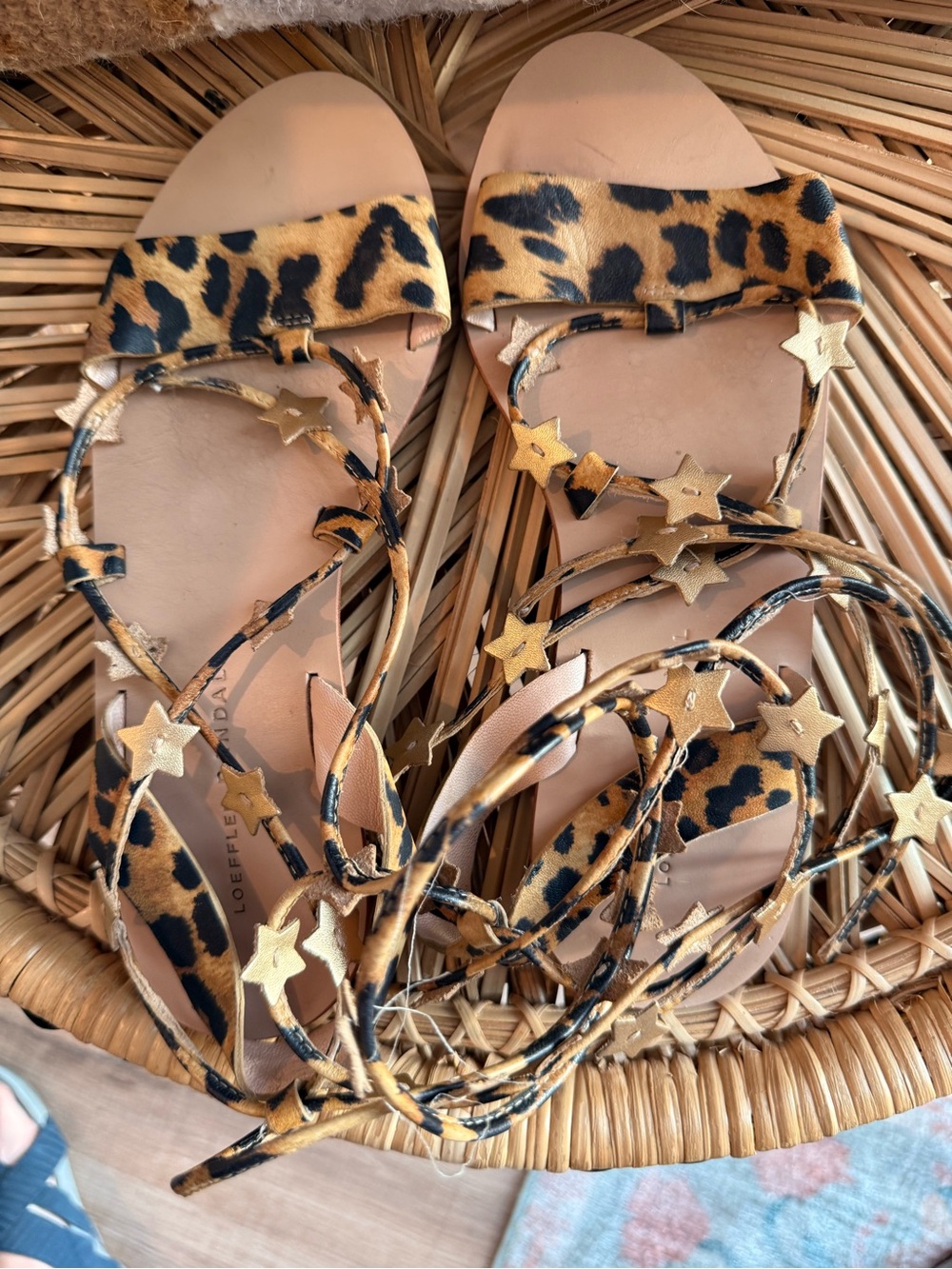 Loeffler Randall Leopard Print Lace-Up Sandals with Gold Stars - Tan/Black